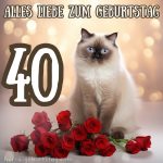 Glückwünsche zum 40. geburtstag frau bild Katze und Rosen kostenlos