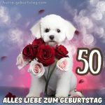 Bild zum 50 geburtstag frau Hund mit Blumen kostenlos