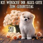 Glückwünsche zum 50. geburtstag frau bild kleiner Hund und Blumen kostenlos