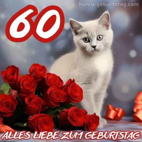 Bild zum 60 geburtstag frau Katze und Blumen kostenlos