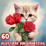 Bild zum 60 geburtstag frau Katze mit Rosen kostenlos