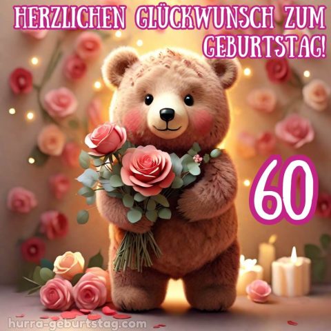 Glückwünsche zum 60. geburtstag frau bild Bär und Blumen kostenlos