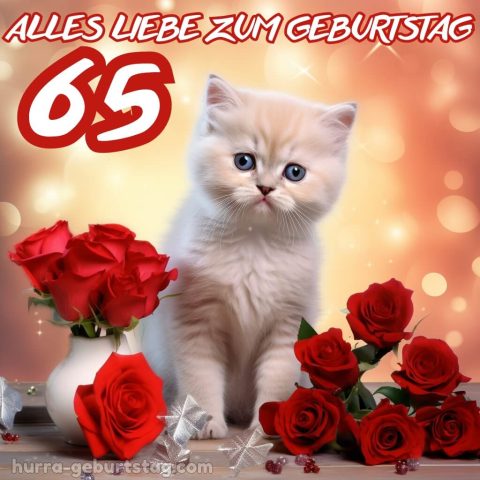 Glückwünsche zum 65. geburtstag frau bild Kätzchen mit Rosen kostenlos