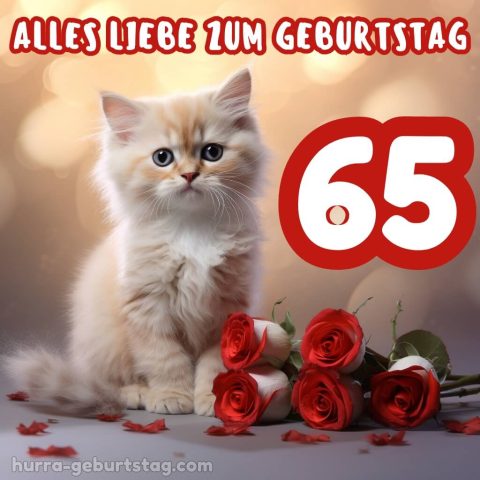 Glückwünsche zum 65. geburtstag frau bild Katze und Blumen kostenlos