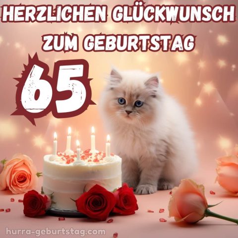 Glückwünsche zum 65. geburtstag frau bild Katze und Kuchen kostenlos