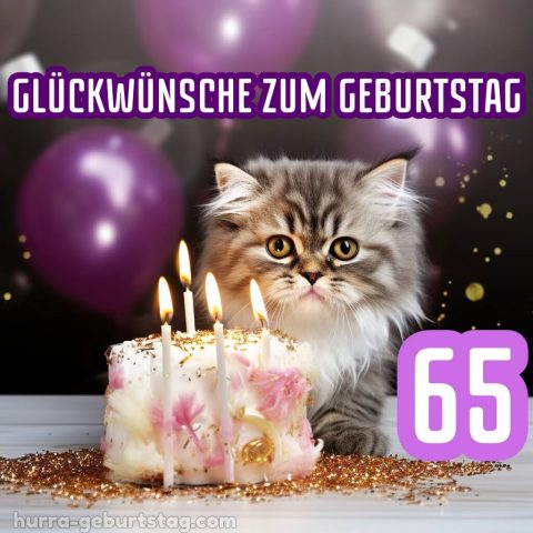 Glückwünsche zum 65. geburtstag frau bild Katze und Luftballons kostenlos