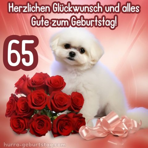 Bild zum 65 geburtstag frau Hund mit Blumen kostenlos