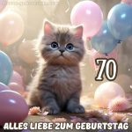 Glückwünsche zum 70. geburtstag frau bild Katze und Luftballons kostenlos