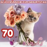 Bild zum 70 geburtstag frau Katze mit einem Blumenstrauß kostenlos