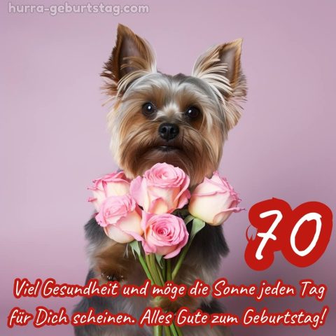 Glückwünsche zum 70. geburtstag frau bild Hund mit Blumen kostenlos