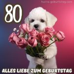 Bild zum 80 geburtstag frau Hund mit Blumen kostenlos