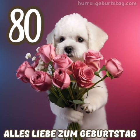 Bild zum 80 geburtstag frau Hund mit Blumen kostenlos