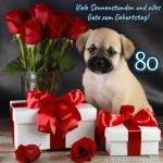 Bild 80 geburtstag mann Hund mit einem Geschenk kostenlos